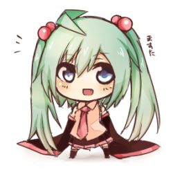 Rule 34 | 1girl, :d, aqua hair, bare shoulders, blue eyes, chibi, detached sleeves, fang, hair bobbles, hair ornament, hatsune miku, long hair, lowres, necktie, open mouth, petite miku, skirt, smile, solo, standing, tosura-ayato, translated, twintails, vocaloid