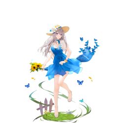 Rule 34 | breasts, bug, butterfly, cleavage, dress, fence, flight deck, flower, full body, grass, hat, insect, large breasts, legs, lexington (warship girls r), long hair, sandals, shoes, solo, standing, suisai (suisao), sunflower, toes, transparent background, warship girls r, wooden fence