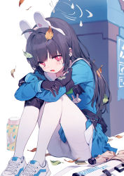 Rule 34 | 1girl, ahoge, animal ears, black gloves, blue archive, blush, bottle, brown hair, bukurote, crying, crying with eyes open, gloves, hair ornament, halo, headgear, highres, knees up, long hair, long sleeves, looking at viewer, miyu (blue archive), open mouth, panties, pantyhose, rabbit ears, red eyes, shirt, shoes, sitting, skirt, sneakers, solo, tears, thighband pantyhose, trash can, underwear, weapon, white footwear, white pantyhose