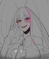 Rule 34 | blush, breasts, doodle, grey background, lips, lipstick, long hair, looking at viewer, makeup, matara kan, matara kan (1st costume), mole, mole on breast, monochrome, monster girl, red eyes, simple background, sketch, smile, teeth, unfinished, virtual youtuber, vshojo