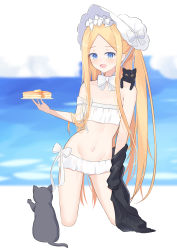 Rule 34 | 1girl, :d, abigail williams (fate), abigail williams (swimsuit foreigner) (fate), abigail williams (swimsuit foreigner) (third ascension) (fate), absurdres, animal, animal on shoulder, bare arms, bare shoulders, bikini, black cat, blonde hair, blue eyes, blurry, blurry background, blush, bonnet, bow, cat, collarbone, commentary request, day, depth of field, fate/grand order, fate (series), food, forehead, groin, hair bow, highres, holding, holding plate, kneeling, long hair, navel, open mouth, pancake, pancake stack, parted bangs, plate, roido (taniko-t-1218), smile, solo, strapless, strapless bikini, striped, striped bow, swimsuit, very long hair, white bow, white headwear