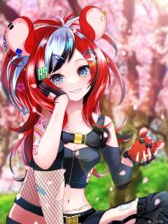Rule 34 | 1girl, absurdres, animal ears, arm tattoo, bandaid, bandaid on leg, black hair, black shorts, black tube top, breasts, cherry blossoms, detached sleeves, fingerless gloves, gloves, hair ornament, hakos baelz, hakos baelz (casual), head rest, heart, heart tattoo, highres, hololive, hololive english, lily lily, long hair, medium breasts, midriff, mouse (animal), mouse ears, mouse girl, mouse on hand, mr. squeaks (hakos baelz), multicolored hair, navel, number hair ornament, red hair, short shorts, shorts, shoulder tattoo, single fishnet legwear, single sleeve, smile, solo, star (symbol), star hair ornament, star tattoo, strapless, streaked hair, tattoo, torn footwear, tree, tube top, twintails, virtual youtuber, white hair