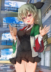 Rule 34 | 1girl, anchovy (girls und panzer), black necktie, black skirt, blush, book, breasts, brown eyes, drill hair, female focus, girls und panzer, green hair, hair ornament, hair ribbon, highres, italian flag print, large breasts, long hair, looking at viewer, megadeko, microskirt, necktie, open mouth, outdoors, pleated skirt, ponytail, ribbon, shiny skin, skirt, smile, solo
