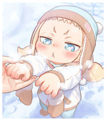 Rule 34 | 1girl, :&lt;, beanie, blonde hair, blue eyes, blurry, breath, bright pupils, child, commentary, commentary request, depth of field, english commentary, engrish commentary, hat, holding hands, kozato (yu kozato), little blonde girl (kozato), mittens, unworn mittens, mixed-language commentary, original, pom pom (clothes), short bangs, snow, twintails, white pupils, winter, winter clothes