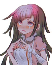 Rule 34 | 1girl, apron, bad id, bad twitter id, bandaged arm, bandages, bbjj 927, black hair, blunt bangs, blush, breasts, commentary, danganronpa (series), danganronpa 2: goodbye despair, hair horns, highres, index finger raised, long hair, looking at viewer, medium breasts, mole, mole under eye, multicolored hair, nurse, open mouth, pink hair, puffy short sleeves, puffy sleeves, short sleeves, simple background, solo, symbol-only commentary, tsumiki mikan, upper body, white apron, white background