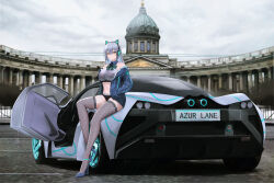 Rule 34 | absurdres, alternate costume, animal ear headphones, animal ears, arkhangelsk (azur lane), azur lane, bowtie, car, cat ear headphones, cathedral, character name, copyright name, eyeliner, fake animal ears, full body, headphones, headset, highres, jacket, kazan cathedral, kcar66t, license plate, makeup, marussia, marussia b2, motor vehicle, off shoulder, product placement, race queen, real world location, red eyeliner, russia, saint petersburg, short shorts, shorts, skin tight, sports car, striped bow, striped bowtie, striped clothes, thighhighs, vehicle focus