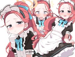 Rule 34 | 1girl, apron, black dress, blue archive, blush, bow, closed mouth, dress, frilled apron, frills, grey eyes, hair bow, halo, highres, long hair, maid, maid apron, maid headdress, multiple views, official alternate costume, open mouth, orange halo, qusouzu mogari, red hair, short sleeves, white apron, white bow, yuzu (blue archive), yuzu (maid) (blue archive)