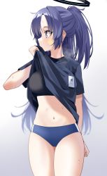 Rule 34 | 1girl, absurdres, black shirt, black sports bra, blue archive, blue buruma, breasts, buruma, clothes lift, gomashi (goma), gradient background, halo, high ponytail, highres, id card, lanyard, lifted by self, looking to the side, medium breasts, navel, official alternate costume, purple eyes, purple hair, shirt, shirt lift, short sleeves, sidelocks, solo, sports bra, star sticker, sticker on face, stomach, sweat, white background, wiping face, yuuka (blue archive), yuuka (track) (blue archive)