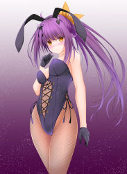 Rule 34 | 1girl, :o, ahoge, alternate costume, animal costume, animal ears, azur lane, bare shoulders, black gloves, black ribbon, blush, breasts, cleavage, clenched hand, commentary request, covered erect nipples, covered navel, cowboy shot, crop top, fake animal ears, formal, gloves, hair between eyes, hair ribbon, hand up, horns, isuzu (azur lane), isuzu (retrofit) (azur lane), leotard, long hair, looking at viewer, medium breasts, midriff, midriff peek, navel, pantyhose, parted lips, playboy bunny, purple background, purple hair, purple suit, rabbit ears, retrofit (azur lane), ribbon, simple background, solo, standing, suit, tagme, thighs, tomosuke, wide sleeves, yellow eyes, yellow ribbon
