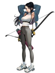Rule 34 | 1girl, arms behind head, arrow (projectile), black hair, blue eyes, bow (weapon), bra visible through clothes, earrings, hair ornament, hairpin, highres, hongcasso, jacket, jewelry, leggings, looking at viewer, original, pants, ponytail, quiver, shoes, smile, sneakers, solo, tank top, tight clothes, tight pants, turtleneck, weapon, white background