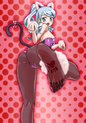Rule 34 | 00s, 1girl, animal ears, ass, bare shoulders, blue eyes, blue hair, bow, cat ears, cat tail, drill hair, feet, foot focus, hajime (caramel toone), heart, himeno ririka, jewelpet, jewelpet (series), kittysuit, matching hair/eyes, nontraditional playboy bunny, open mouth, pantyhose, paw print, paw print soles, soles, solo, tail