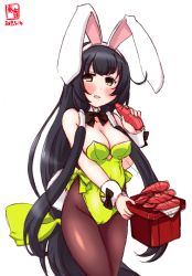 Rule 34 | 1girl, alternate costume, animal ears, artist logo, bare shoulders, black hair, blush, bow, bowtie, box, breasts, brown pantyhose, cameltoe, carrot, cleavage, cleavage cutout, cleft of venus, clothing cutout, covered navel, cowboy shot, dated, detached collar, fake animal ears, green eyes, green leotard, hair ribbon, hair tubes, highres, kanon (kurogane knights), kantai collection, leotard, long hair, looking at viewer, low-tied long hair, medium breasts, mizuho (kancolle), open mouth, pantyhose, playboy bunny, rabbit ears, rabbit tail, ribbon, signature, simple background, smile, solo, standing, strapless, strapless leotard, tail, very long hair, white background, wrist cuffs