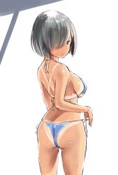 Rule 34 | 10s, 1girl, anchor symbol, ass, back, bad id, bad twitter id, bikini, bikini pull, bikini tan, blue bikini, blue eyes, bob cut, breasts, closed mouth, clothes pull, cowboy shot, expressionless, flat ass, from behind, hair ornament, hair over one eye, hairclip, halterneck, hamakaze (kancolle), highres, hip focus, inactive account, kantai collection, looking at viewer, looking back, medium breasts, pulled by self, short hair, side-tie bikini bottom, sideboob, silver hair, simple background, sketch, solo, standing, strap pull, string bikini, swimsuit, tan, tanline, thong, thong bikini, underboob, wa (genryusui), white background