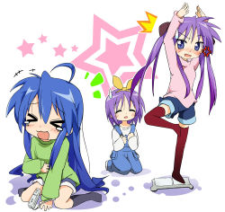 Rule 34 | &gt; &lt;, 00s, 3girls, :3, anger vein, black socks, body control, closed eyes, controller, feet, game console, game controller, hiiragi kagami, hiiragi tsukasa, humiliation, ixy, izumi konata, kneehighs, laughing, long hair, lucky star, mole, mole under eye, multiple girls, nintendo, overalls, playing games, red legwear, short hair, siblings, sisters, socks, tears, thighhighs, twins, video game, wii, wii fit, wii remote