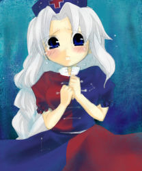 Rule 34 | 1girl, blue eyes, blush, cross, dress, female focus, hat, looking at viewer, multicolored clothes, multicolored dress, nurse cap, ono mochiko, own hands together, puffy short sleeves, puffy sleeves, short sleeves, silver hair, solo, tears, touhou, upper body, yagokoro eirin