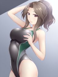 Rule 34 | 1girl, black one-piece swimsuit, brown eyes, brown hair, competition swimsuit, covered navel, cowboy shot, gradient background, grey background, idolmaster, idolmaster cinderella girls, komuro chinami, long hair, one-piece swimsuit, pataneet, ponytail, solo, swimsuit