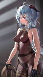 Rule 34 | 1girl, absurdres, ahoge, bare shoulders, black gloves, black horns, blue hair, blush, bodystocking, bodysuit, breasts, commentary request, cowbell, ganyu (genshin impact), genshin impact, gloves, highres, horns, long hair, looking at viewer, medium breasts, nanaken nana, purple eyes, sleeveless, solo