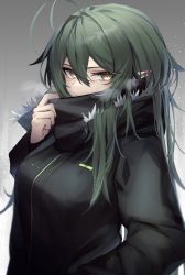 Rule 34 | 1girl, absurdres, alternate costume, antenna hair, arknights, black coat, breath, coat, fur-trimmed coat, fur trim, gavial (arknights), green hair, hair between eyes, highres, long hair, ozeu0916, pulling, scarf, solo, upper body, winter clothes, winter coat, yellow eyes