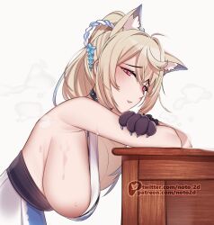 Rule 34 | 1girl, animal ear fluff, animal ears, animal hands, bare shoulders, black sash, blonde hair, blue hair, blue kimono, breasts, collar, crossed arms, dog ears, dog girl, dog paws, elbow rest, from side, fuwawa abyssgard, fuwawa abyssgard (new year), hair between eyes, hanging breasts, highres, hololive, hololive english, japanese clothes, kimono, large breasts, long hair, looking at viewer, multicolored hair, noto hams, official alternate costume, parted lips, pink eyes, rope, sash, shimenawa, sideless kimono, simple background, sleeveless, sleeveless kimono, solo, spiked collar, spikes, streaked hair, swat, sweat, twitter username, virtual youtuber, white background, white kimono