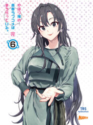 Rule 34 | 1girl, absurdres, black eyes, black hair, blu-ray cover, closed mouth, copyright name, cover, dress, earrings, flower earrings, green dress, hand on own hip, highres, hiratsuka shizuka, jewelry, long hair, long sleeves, looking at viewer, ponkan 8, reaching, reaching towards viewer, red lips, second-party source, solo, very long hair, yahari ore no seishun lovecome wa machigatteiru.