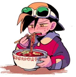 Rule 34 | 1boy, backwards hat, baseball cap, black shirt, bowl, character print, chopsticks, commentary request, creatures (company), eating, ethan (pokemon), food, game freak, gen 2 pokemon, goggles, goggles on headwear, hair between eyes, hat, holding, holding bowl, holding chopsticks, jacket, long sleeves, looking down, male focus, nintendo, noodles, ok ko19, open mouth, pokemon, pokemon adventures, ramen, shirt, solo, soup, spicy, sweat, teeth, tongue, unown, upper teeth only, white background