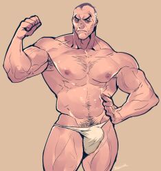 Rule 34 | 1boy, bara, bulge, commentary, flexing, highres, male focus, male underwear, muscular, muscular male, nipples, old, old man, overwatch, overwatch 1, pectorals, rybiok, sigma (overwatch), simple background, solo, thick eyebrows, thick thighs, thighs, underwear, white male underwear