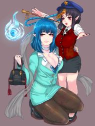 Rule 34 | 2girls, adapted costume, aged down, arm around back, bag, bare legs, black hair, black nails, blue eyes, blue hair, blue nails, breasts, cabbie hat, choker, cleavage, collared shirt, contemporary, eyeshadow, fang, fingernails, handbag, hat, high heels, holding, holding bag, kaku seiga, large breasts, long sleeves, looking to the side, makeup, mature female, miniskirt, miyako yoshika, mole, mole under eye, mother and daughter, multiple girls, nail polish, open mouth, outstretched arms, pantyhose, panzer (p.z), pointy ears, print legwear, red eyes, ribbon, shirt, simple background, skirt, slit pupils, smile, sparkle, spirit, squatting, star (symbol), talisman, thick thighs, thighs, touhou, vest
