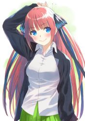 Rule 34 | 1girl, black sweater, blue eyes, breasts, go-toubun no hanayome, hair ornament, highres, large breasts, long hair, long sleeves, looking at viewer, nakano nino, pink hair, pjphuwfir8igzzy, school uniform, shirt, smile, solo, sweater, uniform, white shirt