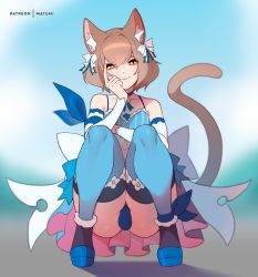 Rule 34 | 1boy, animal ear fluff, animal ears, bare shoulders, blue choker, blue thighhighs, brown hair, bulge, cat boy, cat ears, cat tail, choker, closed mouth, commentary, detached sleeves, dress, english commentary, felix argyle, full body, hair between eyes, highres, long sleeves, looking at viewer, male focus, matemi, re:zero kara hajimeru isekai seikatsu, short hair, smile, solo, squatting, tail, thick eyebrows, thighhighs, trap