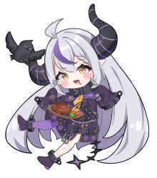 Rule 34 | 1girl, :3, :d, ahoge, belt, bird, blush stickers, braid, braided bangs, chibi, collar, commentary, crow (la+ darknesss), drooling, food, fork, highres, holding, holding fork, holding knife, hololive, horns, knife, la+ darknesss, metal collar, mouth drool, multicolored hair, open mouth, purple hair, simple background, sleeves past fingers, sleeves past wrists, smile, solo, steak, streaked hair, striped clothes, striped thighhighs, tail, taro. (tataroro 1), thighhighs, two-tone hair, v-shaped eyebrows, vertical-striped clothes, vertical-striped thighhighs, very long sleeves, virtual youtuber, white background, white hair, yellow eyes