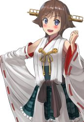 Rule 34 | 10s, 1girl, ao iro, blue eyes, brown hair, detached sleeves, flipped hair, green skirt, hairband, headgear, hiei (kancolle), highres, kantai collection, looking at viewer, nontraditional miko, open mouth, plaid, plaid skirt, ribbon-trimmed sleeves, ribbon trim, short hair, skirt, solo, standing