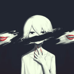 Rule 34 | 1boy, avogado6, black background, black eyes, blood, expressions, false smile, hand up, jitome, lipstick, looking at viewer, makeup, male focus, original, red lips, red pupils, shirt, simple background, smile, solo, teeth, upper body, white shirt