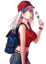 Rule 34 | 1girl, applekun, backpack, bag, baseball cap, belt, belt buckle, blue eyes, blush, breasts, buckle, closed mouth, clothes writing, cowboy shot, dango, denim, earrings, fate/grand order, fate (series), food, from side, hat, highres, holding, holding food, jeans, jewelry, large breasts, long hair, looking at viewer, looking to the side, miyamoto musashi (fate), miyamoto musashi (traveling outfit) (fate), navel, pants, red hat, red tank top, sanshoku dango, silver hair, simple background, sleeveless, smile, solo, tank top, wagashi, white background, wristband
