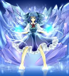 Rule 34 | 1girl, barefoot, blue eyes, blue hair, bow, cirno, dress, female focus, full body, glowing, hair bow, ice, matching hair/eyes, rikkunia, solo, embodiment of scarlet devil, touhou, wings