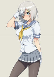 Rule 34 | 10s, 1girl, black pantyhose, blue eyes, blush, breasts, gloves, grey background, hair ornament, hair over one eye, hairclip, hamakaze (kancolle), kantai collection, large breasts, looking at viewer, neckerchief, nigou, outline, pantyhose, pleated skirt, school uniform, serafuku, short hair, silver hair, simple background, skirt, smile, solo, standing, white gloves, yellow neckerchief