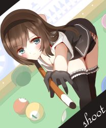 Rule 34 | 1girl, ball, billiard ball, billiards, black gloves, black shirt, black skirt, black thighhighs, blue eyes, blush, brown hair, closed mouth, commentary request, cue stick, dutch angle, frilled thighhighs, frills, gloves, hair between eyes, highres, holding, leaning forward, long hair, mole, mole under eye, non (wednesday-classic), original, pool table, shirt, skirt, solo, standing, table, thighhighs, thighs, v-shaped eyebrows, very long hair