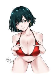 Rule 34 | 1girl, artist name, bare shoulders, barefoot, bikini, breasts, cleavage, collarbone, cropped legs, earrings, fubuki (one-punch man), green eyes, green hair, jewelry, large breasts, navel, one-punch man, red bikini, relaxjon, seiza, short hair, simple background, sitting, smile, solo, swimsuit, white background