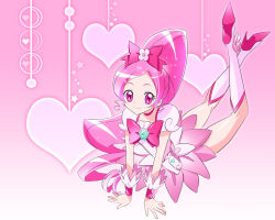 Rule 34 | 10s, 1girl, anko koubou, boots, brooch, cure blossom, eyelashes, hanasaki tsubomi, heart, heart brooch, heartcatch precure!, knee boots, long hair, magical girl, pink background, pink eyes, pink hair, pink theme, ponytail, precure, smile, solo, very long hair