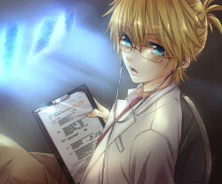 Rule 34 | 1boy, aqua eyes, bad id, bad pixiv id, bespectacled, blonde hair, clipboard, doctor, glasses, hakuseki, kagamine len, lab coat, male focus, nail polish, necktie, open mouth, ponytail, red-framed eyewear, red necktie, short hair, sitting, solo, stethoscope, vocaloid, yellow nails