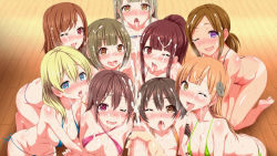 Rule 34 | 1boy, 6+girls, barefoot, bikini, black eyes, black hair, blonde hair, blue eyes, blush, breasts, brown eyes, censored, cum, cum in mouth, cum on hair, ejaculation, facial, feet, flat chest, game cg, gradient background, green eyes, green hair, harem, heart, heart-shaped pupils, highres, kneeling, large breasts, legs, long hair, looking at viewer, mosaic censoring, multiple girls, nipples, one eye closed, open mouth, orange hair, penis, pink eyes, ponytail, pov, pubic hair, purple eyes, pussy, saimin appli: seifuku joshi wo inran mesu ni hatsujou sennou, sex, shiny skin, short hair, small breasts, striped, striped background, sweat, swimsuit, symbol-shaped pupils, tan, tanline, tears, thighs, toes, tongue, tongue out, twintails, vaginal, wince, wooden floor
