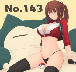 Rule 34 | 1girl, arm support, bad id, bad pixiv id, bag, bikini, bikini bottom only, black bikini, black choker, black gloves, black thighhighs, blush, breasts, brown eyes, brown hair, choker, cleavage, commentary request, covered erect nipples, creatures (company), cropped jacket, female protagonist (pokemon go), fingerless gloves, fur, game freak, gen 1 pokemon, gloves, groin, hair between eyes, hair ribbon, jacket, large breasts, looking at viewer, midriff, navel, nintendo, parted lips, partially unzipped, poke ball, poke ball (basic), pokedex number, pokemon, pokemon (creature), pokemon go, ponytail, racto, red jacket, ribbon, shadow, sidelocks, simple background, sitting, smile, snorlax, solo focus, swimsuit, thighhighs, yellow background, yellow ribbon