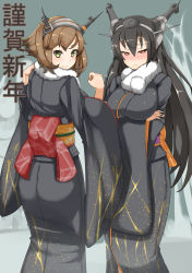 Rule 34 | 10s, 2girls, alternate costume, ass, back, black hair, breasts, brown hair, frown, green eyes, hairband, headgear, highres, japanese clothes, kantai collection, kimono, large breasts, long hair, looking back, marimo maru, multiple girls, mutsu (kancolle), nagato (kancolle), new year, obi, personification, red eyes, sash, short hair, smile, snow, text focus