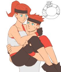 Rule 34 | 1boy, 1girl, 1other, aqua eyes, commentary request, highres, muscular, muscular female, muscular male, non-web source, red hair, ring (ring fit adventure), ring fit adventure, ring fit trainee, ring fit trainee (female), ring fit trainee (male), shirt, sleeveless, sleeveless shirt