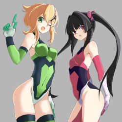 Rule 34 | 2girls, 310-6, akatsuki kirika, black hair, blonde hair, blunt bangs, breasts, commentary request, elbow gloves, gloves, green eyes, green gloves, green legwear, green leotard, grey background, hair ornament, hair ribbon, index finger raised, leotard, long hair, looking at viewer, magical girl, multiple girls, open mouth, partial commentary, pink eyes, pink gloves, pink leotard, pink ribbon, ribbon, senki zesshou symphogear, short hair, simple background, sleeveless, small breasts, smile, standing, thighhighs, tsukuyomi shirabe, twintails, x hair ornament