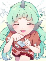 Rule 34 | 1girl, blush, closed eyes, collar, eringi (rmrafrn), gradient background, green hair, hands up, horns, komano aunn, long hair, multicolored clothes, multicolored shorts, open mouth, red shirt, red shorts, shirt, short sleeves, shorts, smile, solo, touhou, white background, white shorts, yellow background