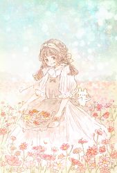 Rule 34 | 1girl, apron, artist name, blue sky, blush, blush stickers, braid, brown eyes, brown hair, clothes lift, collared dress, cosmos (flower), day, dress, field, flower, flower field, frilled apron, frilled dress, frilled sleeves, frills, gradient sky, hair ribbon, hairband, highres, long dress, looking at viewer, momochy, orange flower, original, pale color, pastel colors, pinafore dress, pink apron, pink flower, pink hairband, pink ribbon, puffy sleeves, rabbit, red flower, ribbon, short twintails, signature, sky, sleeveless dress, sleeves past wrists, smile, standing, star (sky), star (symbol), twin braids, twintails, yellow flower