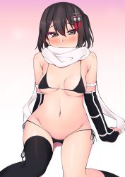 Rule 34 | 1girl, bad id, bad pixiv id, bikini, black bikini, black gloves, black thighhighs, breasts, brown eyes, covered mouth, elbow gloves, fingerless gloves, gloves, gradient background, groin, hair between eyes, hair ornament, highres, ishiusu, kantai collection, micro bikini, scarf, sendai (kancolle), short hair, side ponytail, small breasts, solo, swimsuit, thighhighs, white scarf