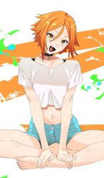 Rule 34 | 1girl, aqua shorts, aryu (a-ka), bare shoulders, barefoot, borrowed character, choker, commission, crop top, crop top overhang, fang, henken, highres, indian style, legs, looking at viewer, midriff, navel, open mouth, orange eyes, orange hair, original, shirt, short hair, short shorts, short sleeves, shorts, sitting, skeb commission, smile, solo, toenails, toes, v arms, white shirt