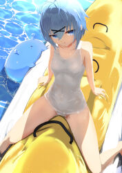 Rule 34 | 1girl, absurdres, antenna hair, arm support, blue eyes, blue hair, breasts, highres, looking at viewer, namako (namacotan), old school swimsuit, one-piece swimsuit, original, school swimsuit, short hair, sitting, small breasts, solo, straddling, swimsuit, water, wet, white one-piece swimsuit