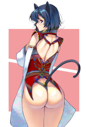 Rule 34 | 1girl, animal ears, ass, bare shoulders, blue eyes, blue hair, blush, breasts, cat ears, cat tail, detached sleeves, from behind, highres, kono, large breasts, looking at viewer, looking back, original, shiny skin, short hair, sideboob, simple background, solo, tail, thong